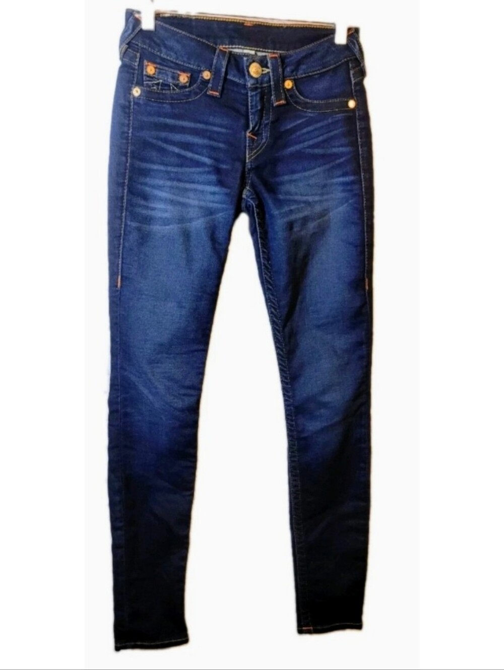 TRUE RELIGION Blue Jeans Women's Size 25 Skinny Fit Whiskers Faded Logo Western